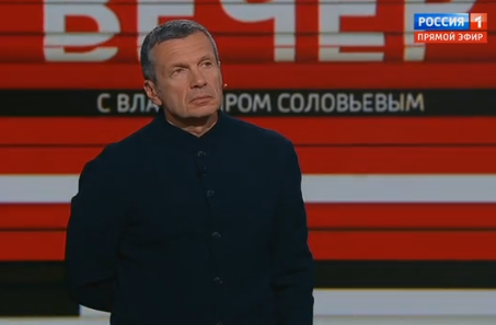 Ekrānšāviņš no telekanāla "Rossija 1" ar Vladimiru Solovjovu