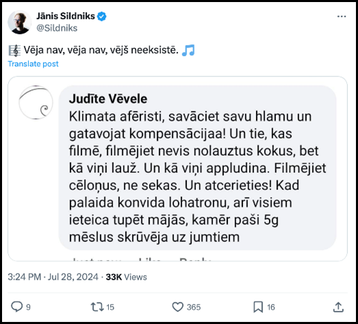 redzams twitter ieraksts: "🎼 Vēja nav, vēja nav, vējš neeksistē. 🎵." Twitter ierakstam pievienota bilde ar Facebook komentāru: "Klimata afēristi, savāciet savu hlamu un gatavojat komensācijaa! Un tie, kas filmē, filmējiet nevis nolauztos kokus, bet kā viņi lauž. Un kā viņi appludina. Filmējiet cēloņus, nevis sekas. Un atcerieties! Kad palaida konvida lohatronu, arī visiem ieteica tupēt mājās, kamēr paši 5g mēslus skrūvēja uz jumtiem."