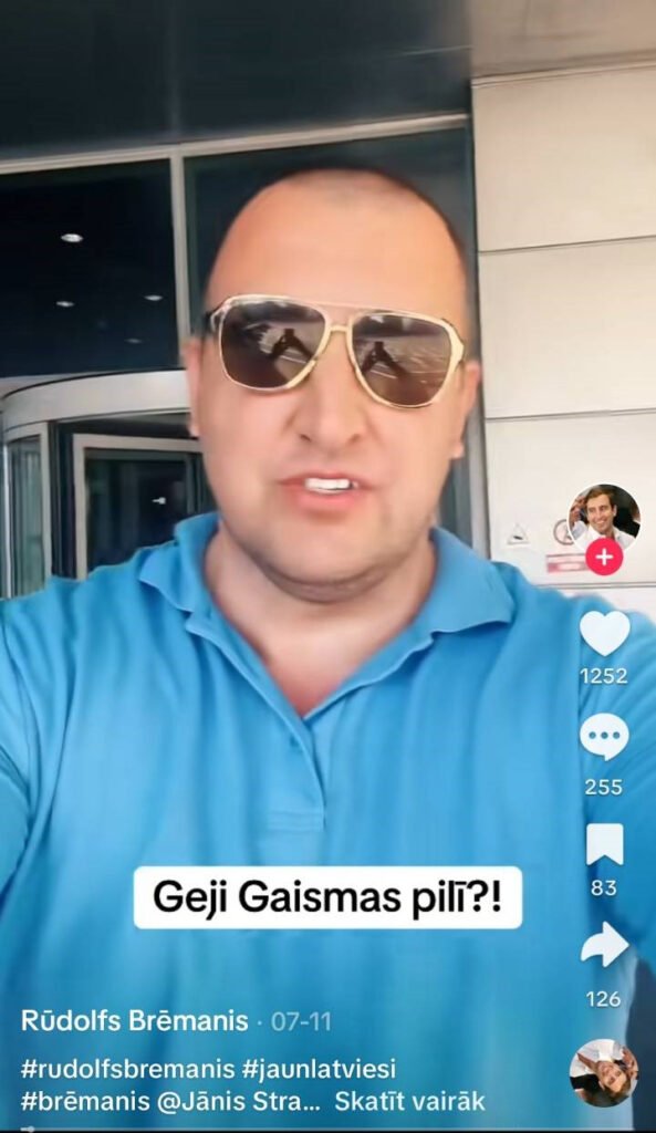 Attēla tverts TikTok video, kurā redzams Rūdolfs Brēmanis un uzraksts "Geji gaismas pilī?"