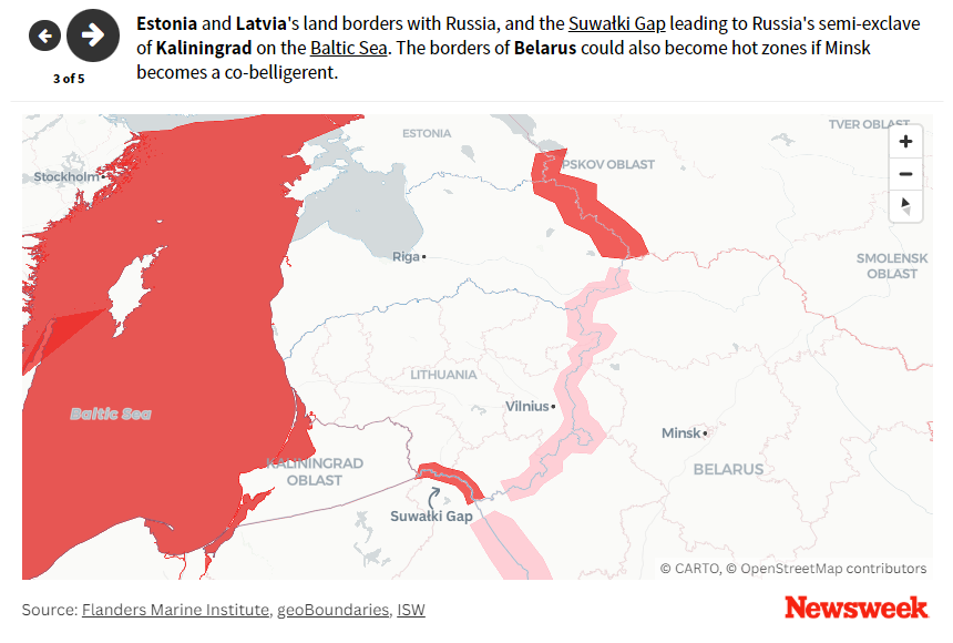 Attēlā izcelta Igaunijas un Latvijas sauszemes robeža ar Krieviju, kā arī Suvalku koridors, kas savieno Baltkrieviju un Krievijas Kaļiņingradas apgabalu pie Baltijas jūras. 